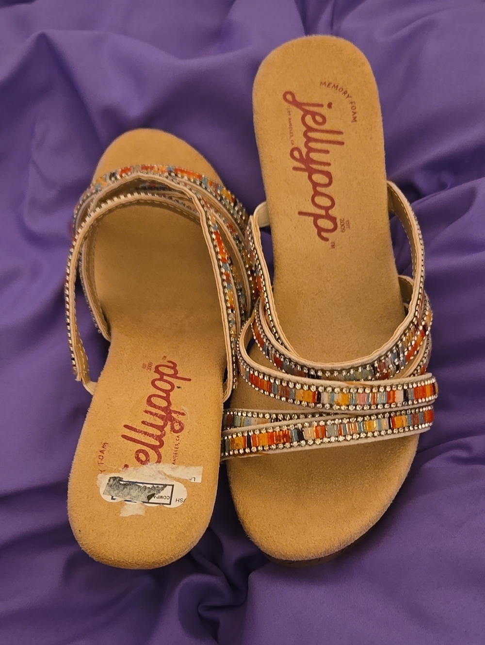 Jellypop Tan Beaded Slide Sandals with Multicolor Gem Accents